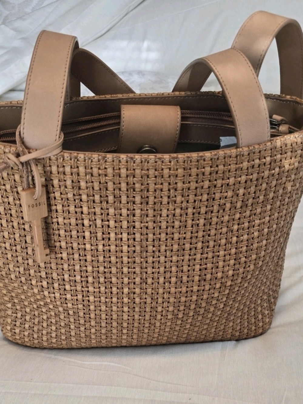 Vintage Fossil Woven Bag Brown/Beige Leather Straps Charm 90s Boho Y2K - NWOT
